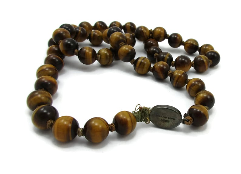 Sterling Tigers Eye Necklace Beads Brown Polished Stone 25 Inches Hippie Gypsy Caramel Color Boho Vintage Costume Jewelry image 2