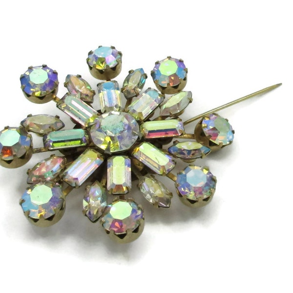 Weiss Silver Tone Aurora Borealis AB Rhinestone Pin Brooch Bridal Bouquet Starburst Designer Runway Estate Costume Vintage Scarf Shawl Pin