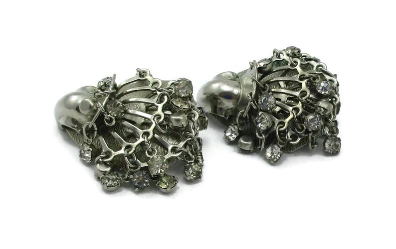 Silver Clip Earrings Rhinestone Twiggy Style Design 1970s Designer Mod Hippie Signed Runway Estate Runway Classic Vintage Costume Jewelry
