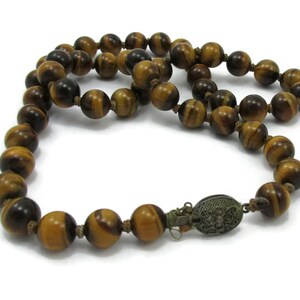 Sterling Tigers Eye Necklace Beads Brown Polished Stone 25 Inches Hippie Gypsy Caramel Color Boho Vintage Costume Jewelry image 1