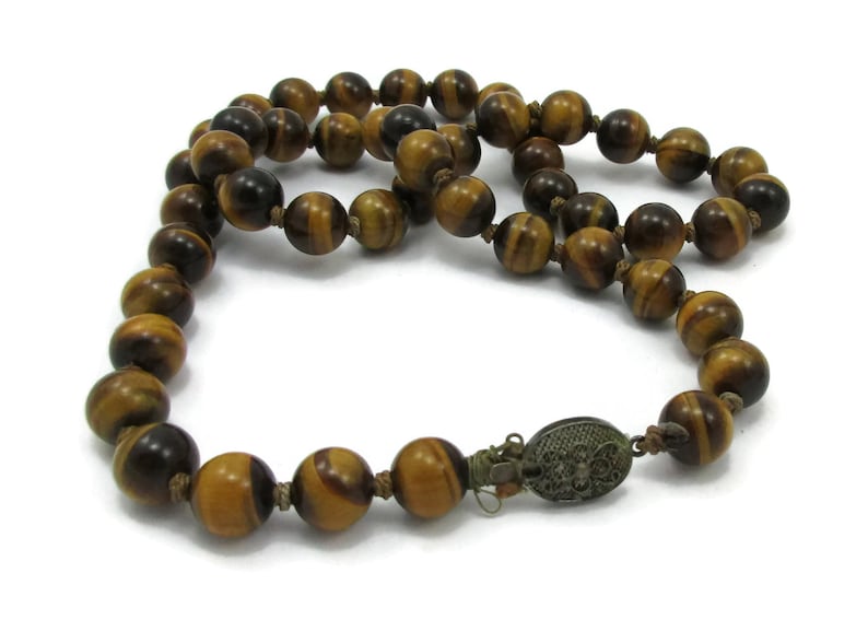 Sterling Tigers Eye Necklace Beads Brown Polished Stone 25 Inches Hippie Gypsy Caramel Color Boho Vintage Costume Jewelry image 1