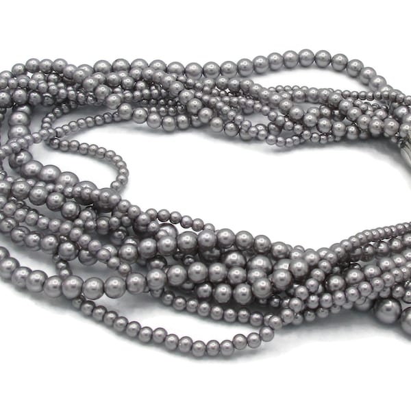 Silver Multi Strand Necklace Grey Pearls Bib Style 18" long 1990s High End Designer Costume Jewelry, Gift for Her QVC Joan Rivers