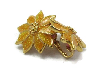 Gold Ton Gelbgold Poinsettia Emaille Ohrringe Clip Weihnachten Vintage Kostüm Schmuck Urlaub Geschenk Ideen Designer signiert Schal Schal Pin