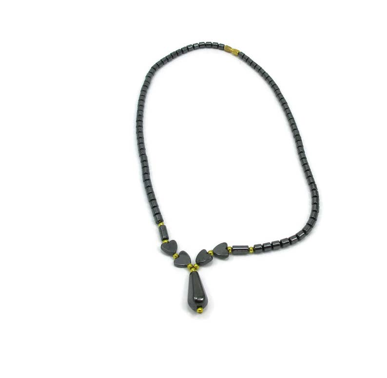 Hematite Stone Choker Necklace Bib Collar Blue Beads Gold Tone Vintage Estate Jewelry 18 inches Black Choker Goth Boho Hippie Gray