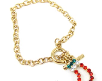 Roter Strass Strumpf Charme Gold Ton Armband Chain Link Vintage Kostüm Schmuck Urlaub Geschenk Ideen Designer signiert Schal Schal