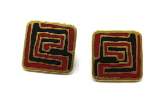 Laurel Burch Red Black Cloisonne Enamel Mystery Gold Tone Earring Post Vintage Estate Jewelry Gift Idea Enamel Designer Signed 1980s