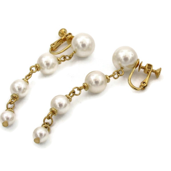 Napier Gold Tone Earrings White Pearl Clip Ons Dangle Drop Modernist 1980s Prom Vintage Estate Jewelry Gift Idea Designer Runway