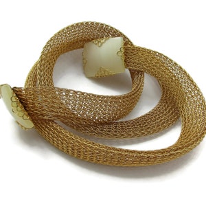Emmons Gold Belt Mesh Mother of Pearl Buckle Funky Mod Modernist Belt Vintage Fashion Accessories Designer Signed Womens 1980s P:aula