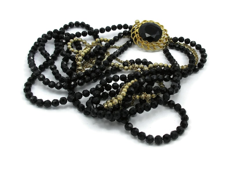 Black Gold Bead Necklace Multi Strand Art Deco Vintage Jewelry Estate Designer Signed 24 27 Inches Runway High End Costume