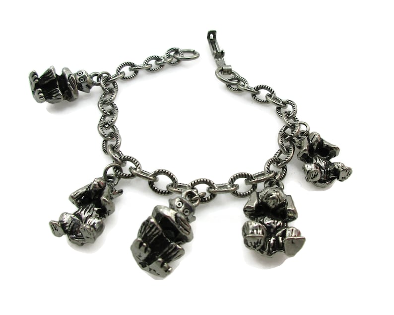 Silver Tone Charm Bracelet See Speak Hear No Evil Monkeys Charms 7.50 Inches Starter Gift Idea Vintage Fine Costume Jewelry