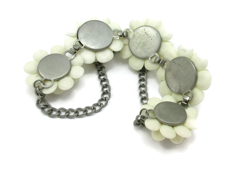 Rhinestone White Plastic Necklace Silver Tone 24 Inches Long Floral Flowers Statement Designer Vintage Costume Jewelry Design Gift