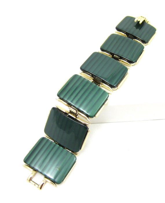 Gold Tone Green Lucite Clasp Link Bracelet Statem… - image 4