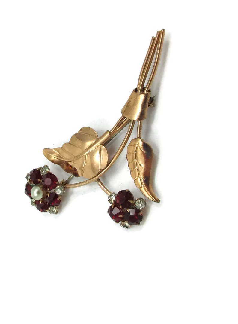 Gold Vermeil Red Rhinestone Pearl Pin Large Brooch Flowers Design Gold Wash Vintage Costume Jewelry Designer Signed Shawl Scarf Pin