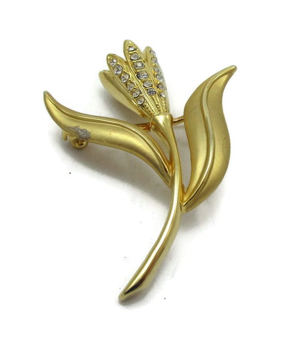 Gold Pin Brooch Rhinestone Flower Brushed Gold Designer Runway