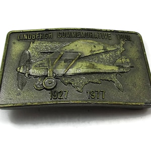 Sales Guide Lindbergh Commemorative Brass Belt Buckle 1977  Vintage Western Wear Tooled Design Gift Idea Western Man Unisex