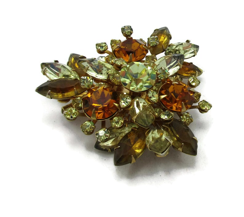 Orange Yellow Gold Tone Rhinestone Pin Brooch Filigree Open Work Brushed Textured Designer Runway Estate Costume Vintage