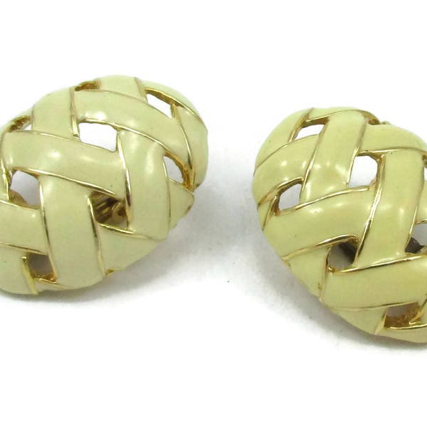 Off White Ivory Cream CLip Earrings Basketweave Gold Tone Modernist Pierced n Jewelry 1990s Designer Costume Jewelry