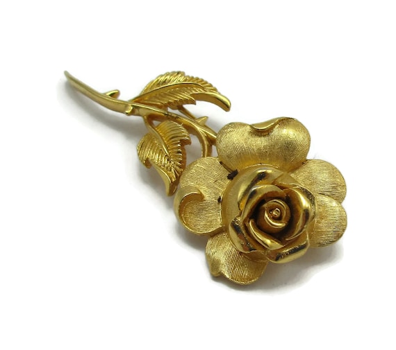 Crown Trifari Brushed Gold Tone Rose Pin Brooch 1… - image 2