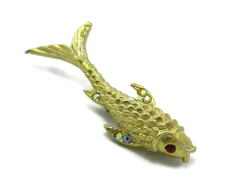 Gold Brooch Koi Fish Pin Rhinestone Eyes AB Stones Designer  Vintage Costume Jewelry Shawl Flower Wreath Gift Ideas Teardrop