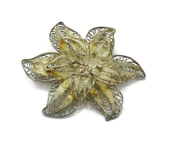 Antique 925 Sterling Silver Wire Brooch Flower Floral Design Victorian Pin Filigree Scroll Design Hand Made Sterling Jewelry Marked