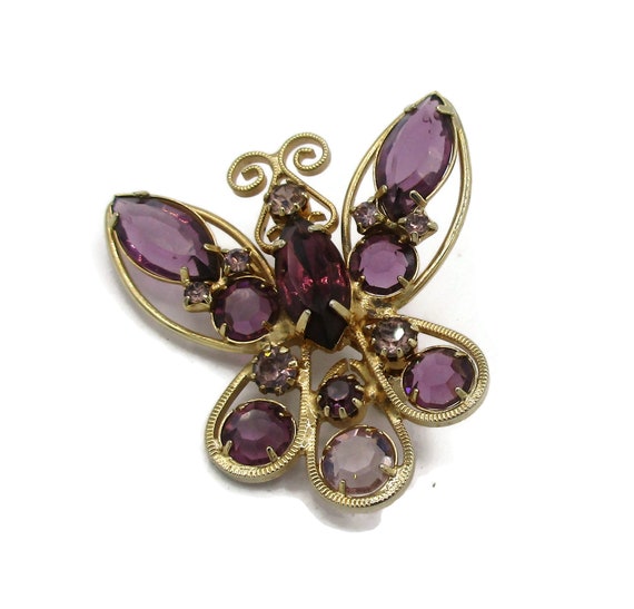 Rhinestone Brooch  Purple Butterfly Pin Prong Set… - image 1