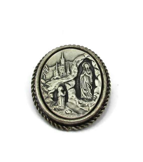 Silver Brooch French Pin Trombone Clasp Cathedral Church Mary