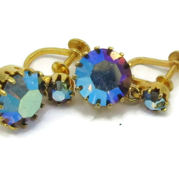 Austria Crystal Blue Rhinestones Screw Back Earrings Prong Set Designer Glass Stones Vintage Estate Jewelry Bridal Gift Ideas Runway Classic
