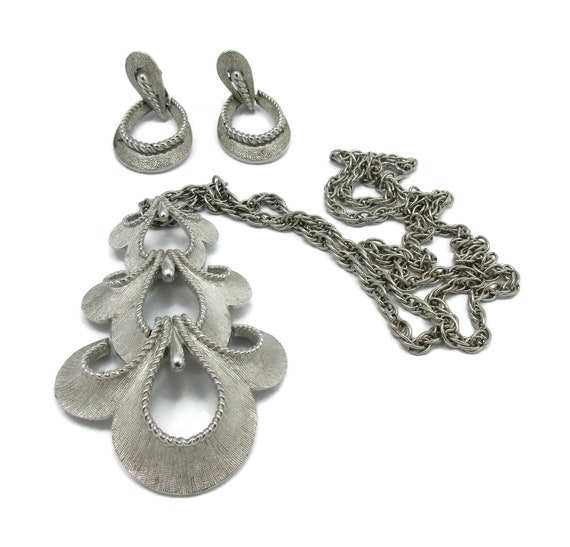 Crown Trifari Silver Necklace Earrings Set Silver… - image 2