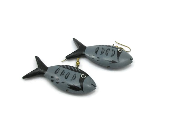 Grey Fish Wood Hand Painted Earrings Post Figural… - image 1