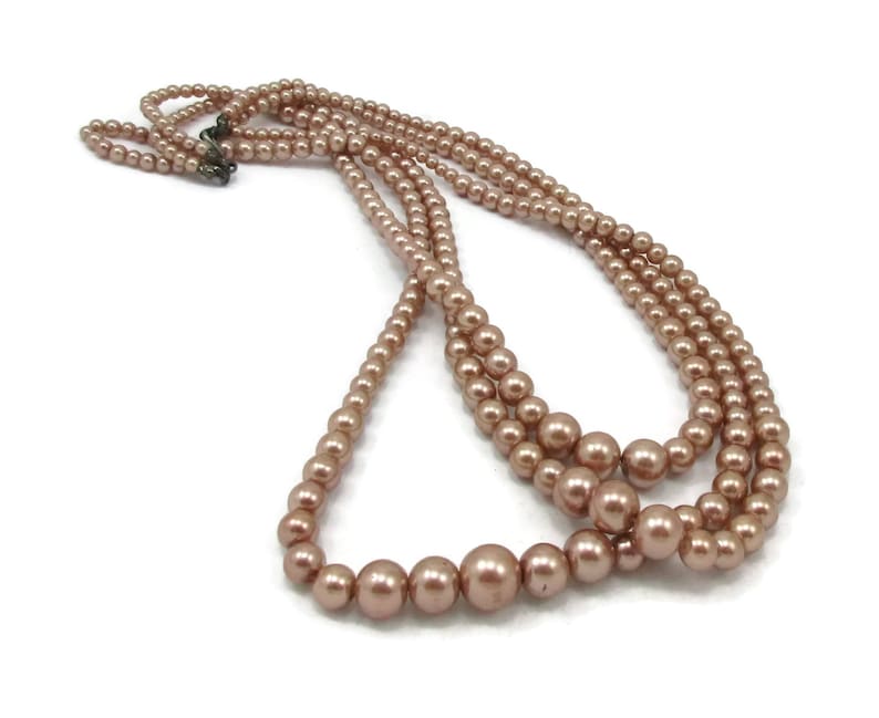 Champagne Pearls Bead Necklace Triple Strand Multi Strand Choker Graduated Links Designer Gold Tone Vintage Costume Jewelry Runway Bridal