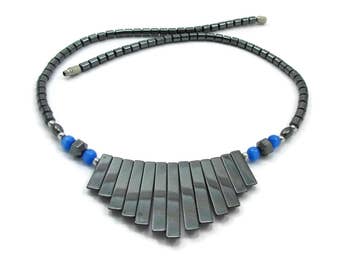 Hematite Stone Choker Necklace Bib Collar Blue Beads Gold Tone Vintage Estate Jewelry 18 inches Black Choker Goth Boho Hippie Gray RONNIE