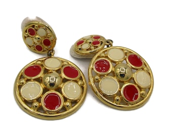 Cream Red Enamel Gold Hoop Earrings Clip On Earrings 1980s Design Vintage Estate Jewelry Christmas Gift Ideas Stocking Stuffers
