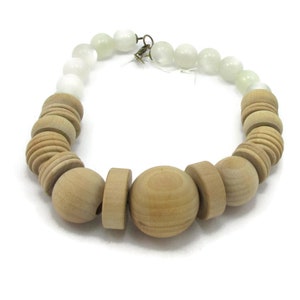 Lenora Dame Necklace Wood White Moonstone Beads Necklace 20 Inch Long Chunky Statement Runway Designer Signed Vintage Costume Jewelry Paula