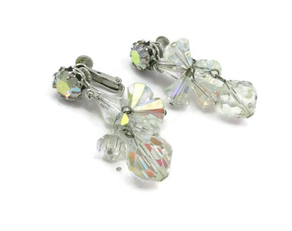VENDOME Clear Aurora Borealis Bead Crystal Clip Earrings Silver