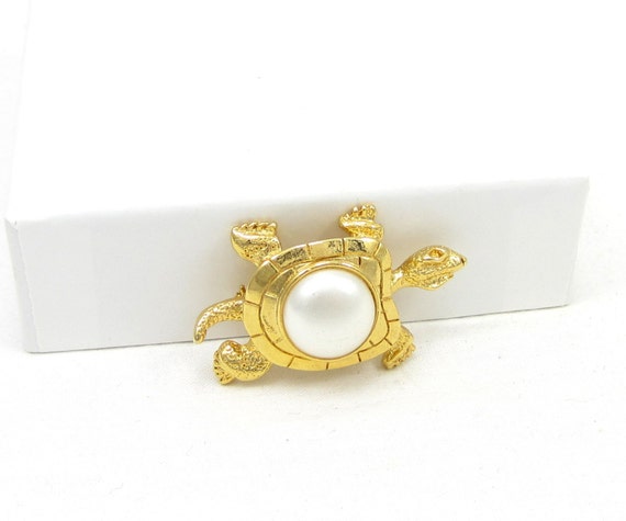 Matte Gold Tone Turtle Pin Faux Pearl Brooch Rept… - image 2