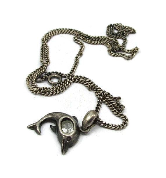 925 Sterling Silver Necklace Dolphin Pendant Glas… - image 1