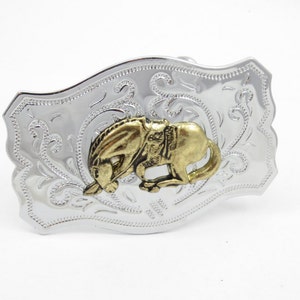 Silver Tone Bucking Bronco Horse Design Belt Buckle Horseshoe Equine Lovers Vintage Western Wear Tooled Design Gift Idea Western Man Unisex