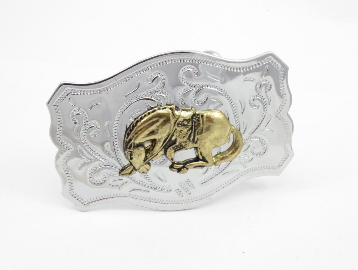 Western Horse Belt Buckle Antique Silver Tone Floral Equestrian Design, T3MISB5A Vintage NOS (new old stock) Silver Tone Belt Buckle with  main image 3