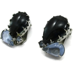 Silver Teardrop Blue Rhinestones Clip Earrings Prong Set Designer Glass Stones Vintage Estate Jewelry Bridal Gift Ideas Runway Classic