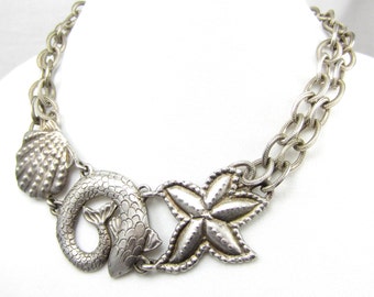 Signed DVF Diane Von Furstenberg Textured Silver Tone Double Chain Detailed Scales Goldfish Koi Fish Starfish Star Sea Shell Runway Necklace