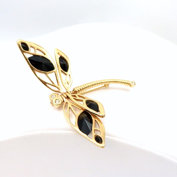 Gold Tone Dragonfly Brooch Pin Moving Wings Black Stones Textured Costume Vintage Costume Jewelry Shawl Scarf Pin Intricate Modern