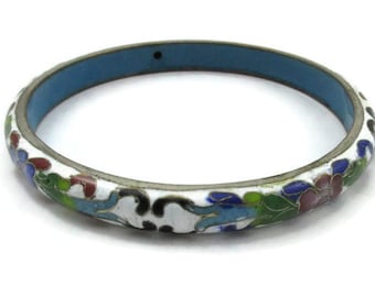 Vintage Cloisonne White Bangle Bracelet Hand Painted Enamel Flowers Simple Vintage Costume Jewelry Asian Chinese Theme Boho Mid Century