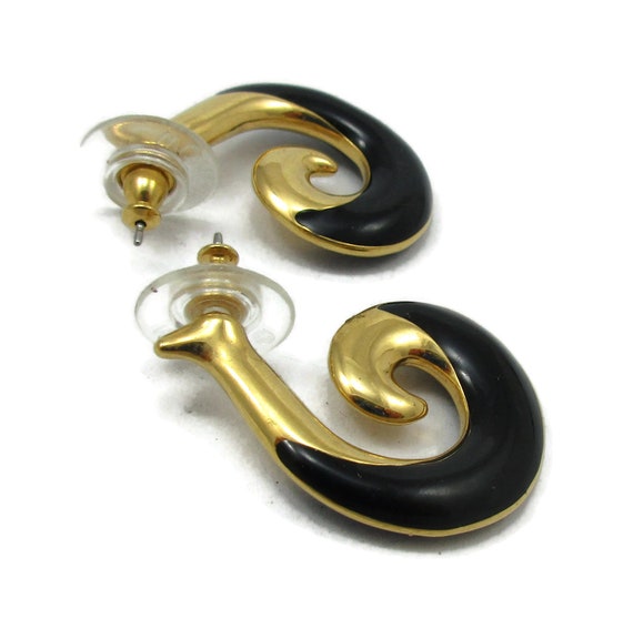 MONET Gold Tone Post Earrings Black Enamel Swirl … - image 2