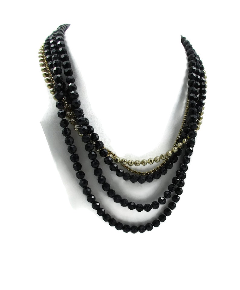 Black Gold Bead Necklace Multi Strand Art Deco Vintage Jewelry Estate Designer Signed 24 27 Inches Runway High End Costume