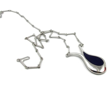 Sarah Coventry Silver Tone Blue Enamel Necklace 24 Inches Long Lanvin Style Lucite Pendant Designer Signed Vintage Costume Jewelry