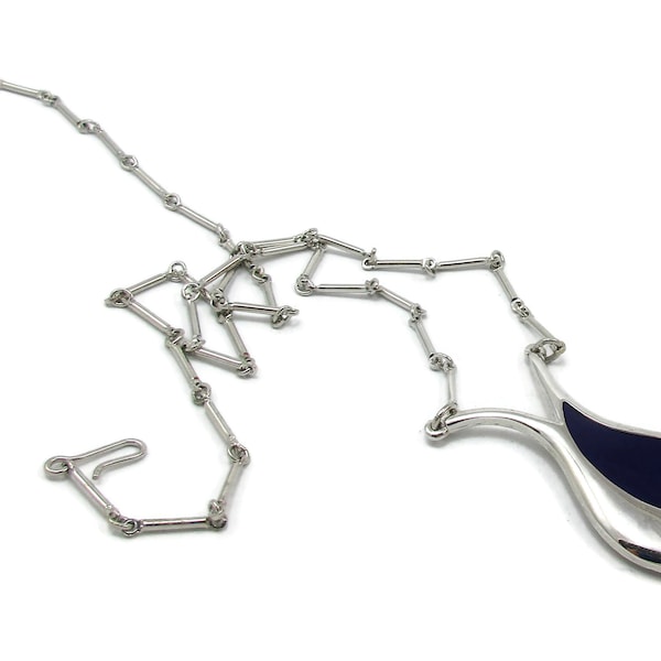 Sarah Coventry Silver Tone Blue Enamel Necklace 24 Inches Long Lanvin Style Lucite Pendant Designer Signed Vintage Costume Jewelry