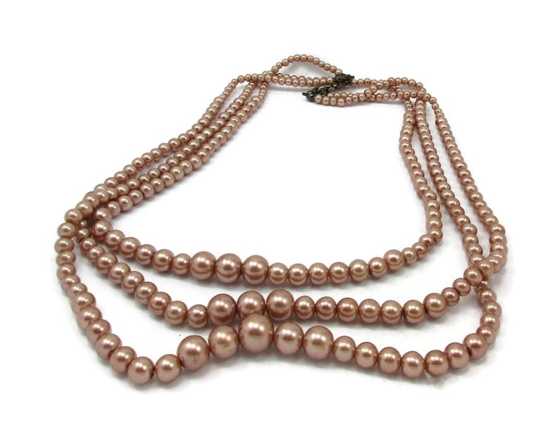 Champagne Pearls Bead Necklace Triple Strand Multi Strand Choker Graduated Links Designer Gold Tone Vintage Costume Jewelry Runway Bridal