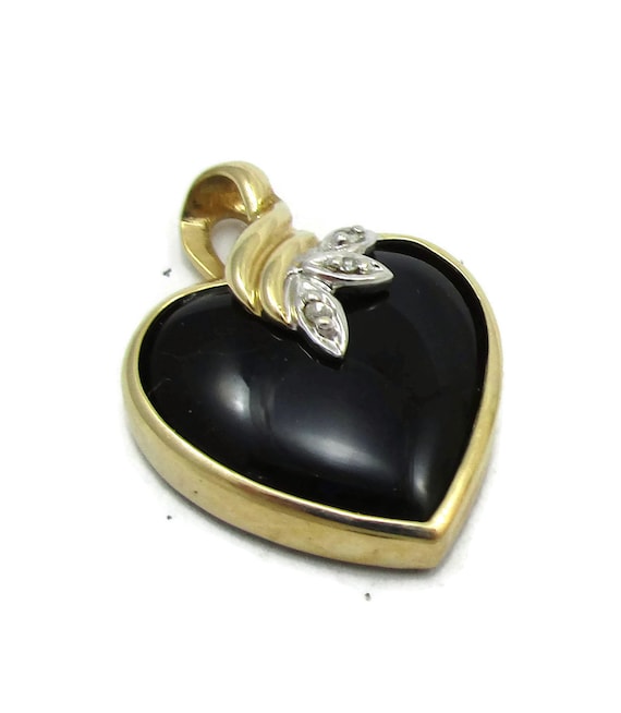14k Black Onyx Diamond Pendant Heart Shape Pendant