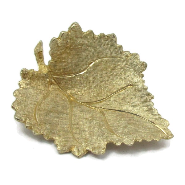 LEDO 1963 Leaf Brooch Brushed Gold Tone Pin  1960s Brushed Textured Designer Runway Estate Costume Vintage Signed