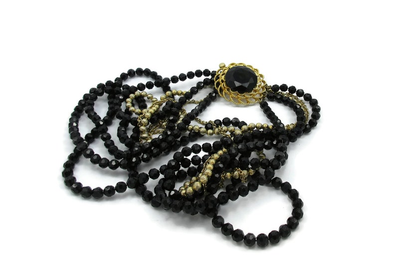 Black Gold Bead Necklace Multi Strand Art Deco Vintage Jewelry Estate Designer Signed 24 27 Inches Runway High End Costume